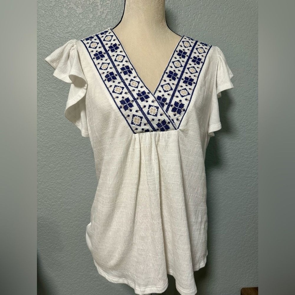Anneliese Women's XL White‎ Embroidered V-Neck Flutter Sleeve Boho Blouse